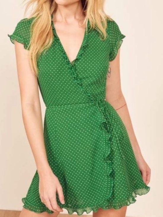 Reformation Dresses & Skirts - Reformation Sicilia Green Polka Dot Mini Wrap Dress